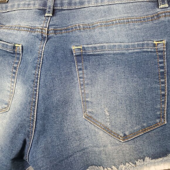 BONGO Womens Denim Shorts SZ Jr. 9 Medium Wash Raw Hem Distressed‎ Lace Y2K - Picture 8 of 8